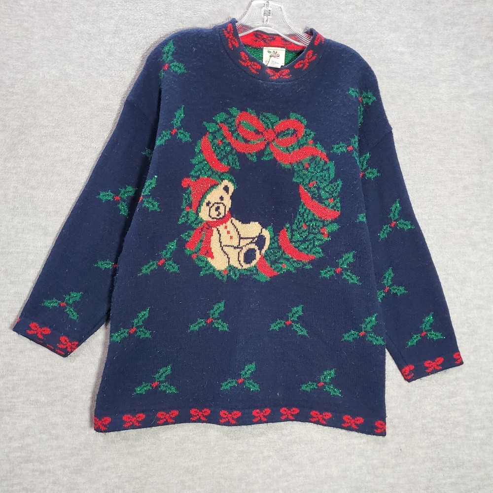 VINTAGE Nutcracker Women Sweater Large Blue Teddy Bear Christmas Holiday